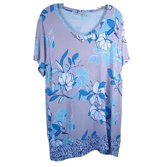 LOGO by Lori Goldstein 1X Floral Tunic Top Short Sleeve Mauve Blue Knit Pockets - Picture 2 of 7